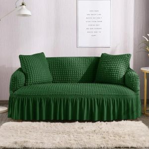 Husa canapea 3 locuri VERDE, bumbac embosat Cu Volan, 180 cm la 225 cm