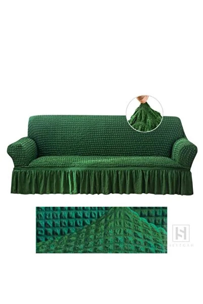 Husa canapea 3 locuri VERDE, bumbac embosat Cu Volan, 180 cm la 225 cm