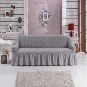 Husa canapea 3 locuri GRI deschis, bumbac embosat Cu Volan, 180 cm la 225 cm